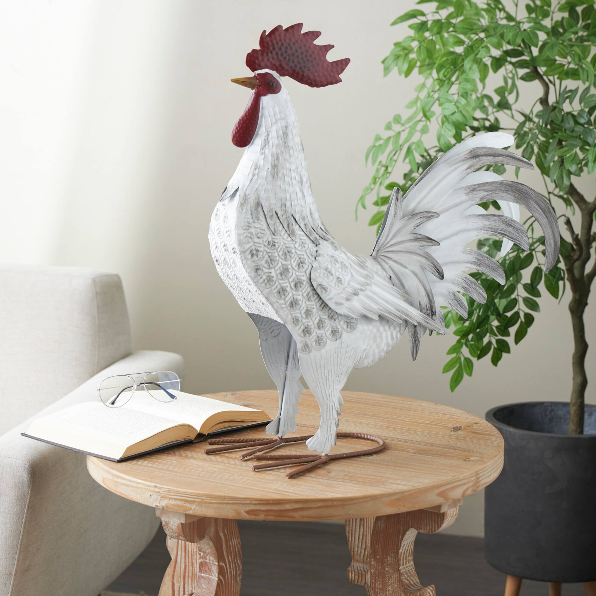 17.5" White Metal Rooster Garden Sculpture